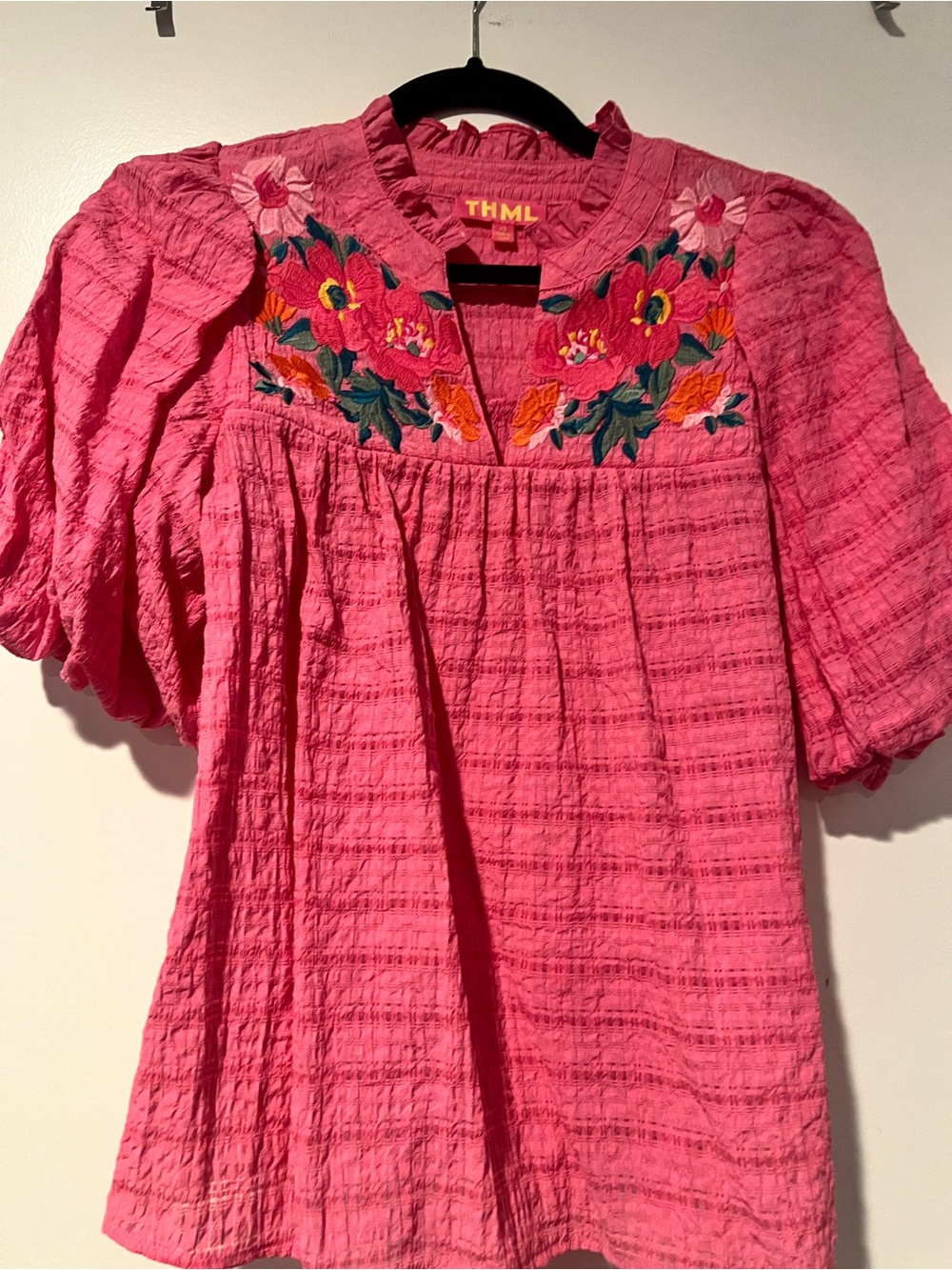 THML Hot Pink Floral Embroidered Puff-Sleeve Tunic